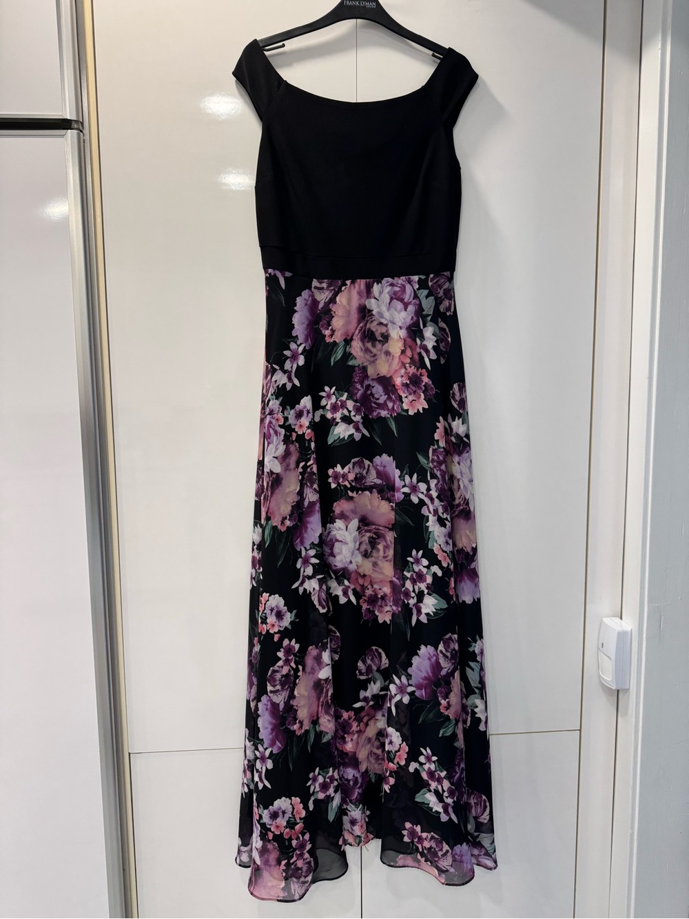 Frank Lyman Design Black Maxi Dress with Purple Floral Skirt.Empire waist!